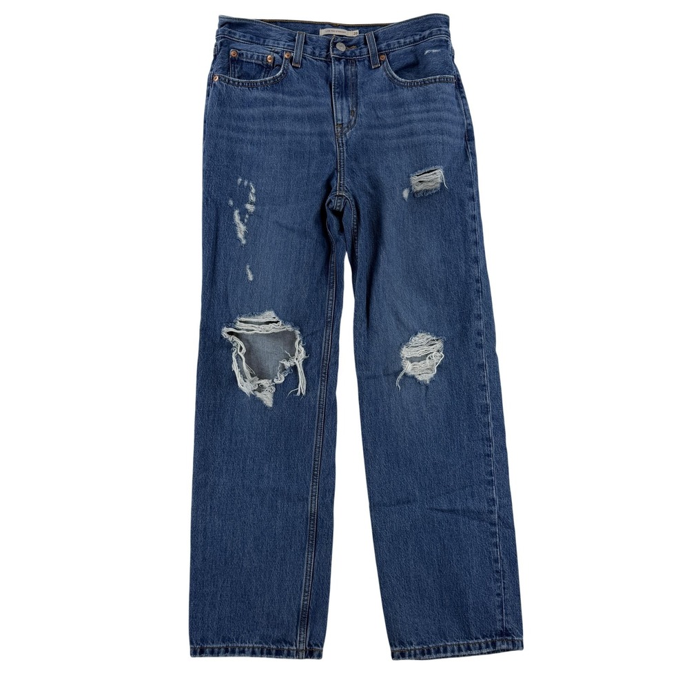 Levis Low Pro Straight Jeans Womens 28 Blue Medium Wash Mid Rise Distressed